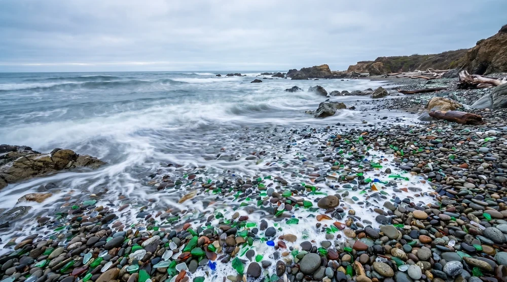 Pacific Ocean waves washing over a rocky beach covered in colorful sea glass and smooth pebbles at Glass Beach Fort Bragg