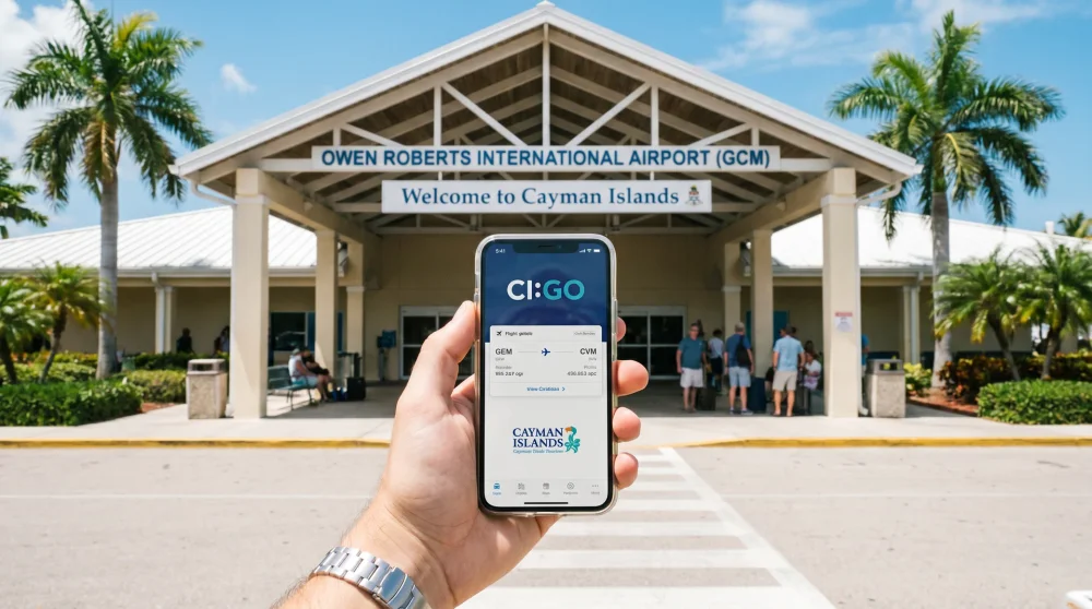 Ein Smartphone mit der CI:GO Taxipreisrechner-App am Terminal des Owen Roberts International Airport in Grand Cayman.