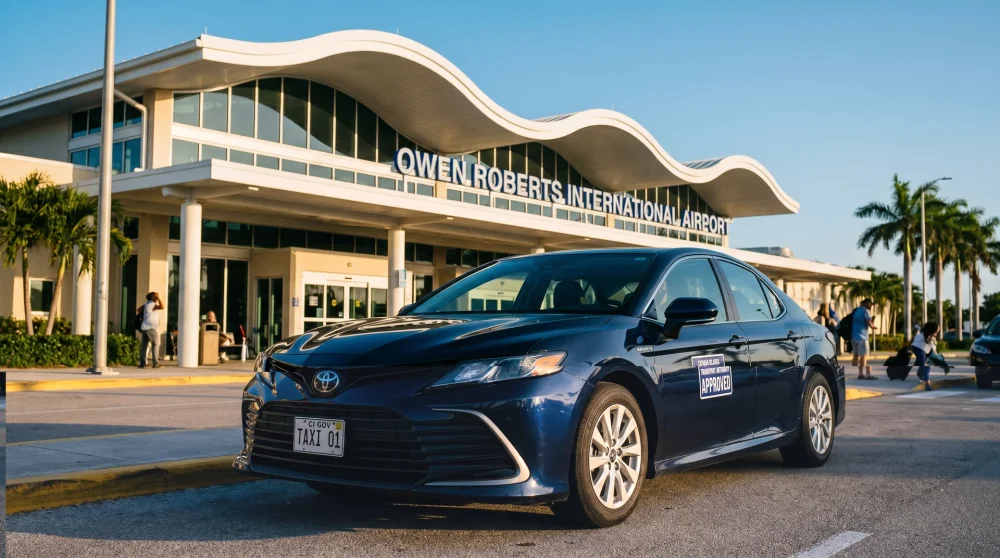 Ein professionelles Taxi parkt an der Ankunftshalle des Owen Roberts International Airport auf Grand Cayman.