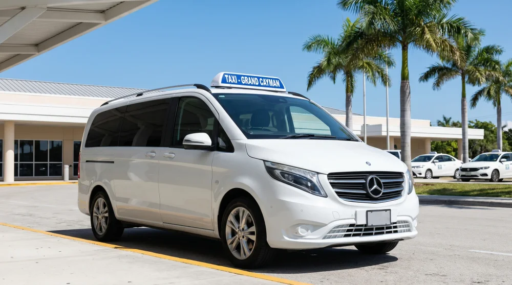 Ein offizielles Taxi-Van am Ankunftsbereich des Owen Roberts International Airport auf Grand Cayman.