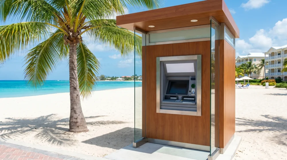 A modern ATM machine located in the popular Seven Mile Beach tourist area of Grand Cayman