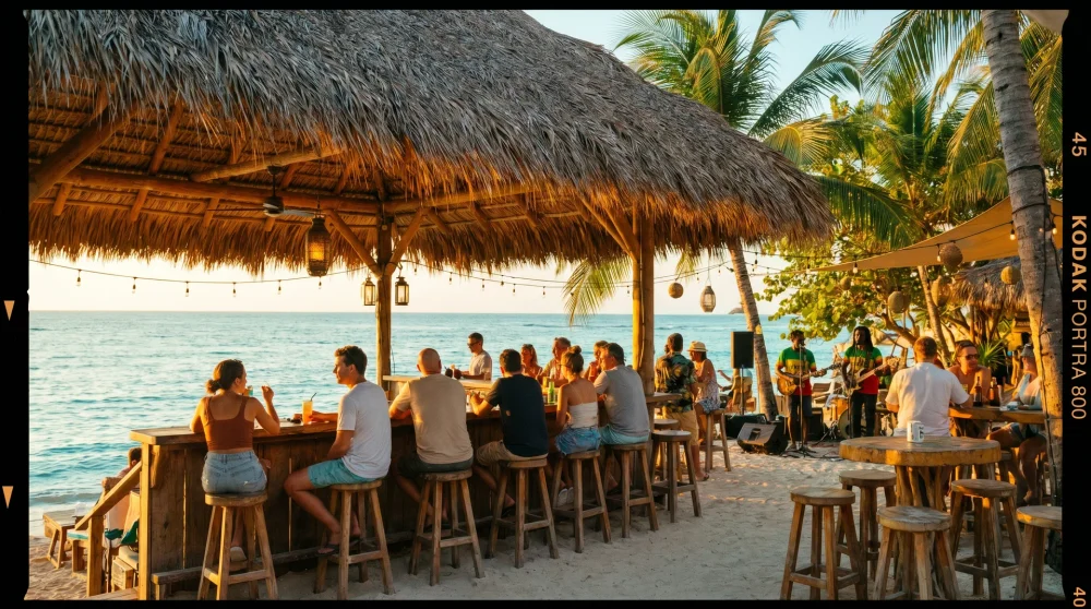 Offene Strandbar bei Sonnenuntergang mit Reetdach, Holzhocker und ruhigem türkisfarbenen Karibischen Meer im Hintergrund