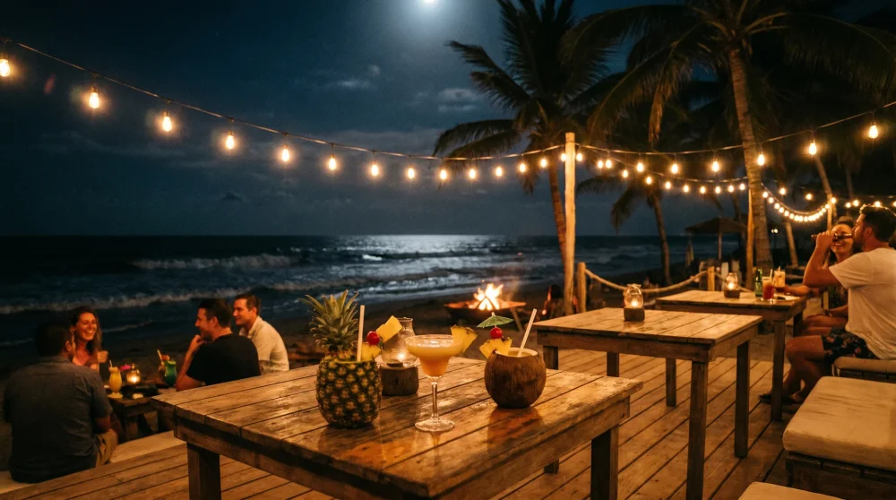 Outdoor beach club at night with string lights, tropical cocktails on wooden deck tables, and the dark ocean beyond