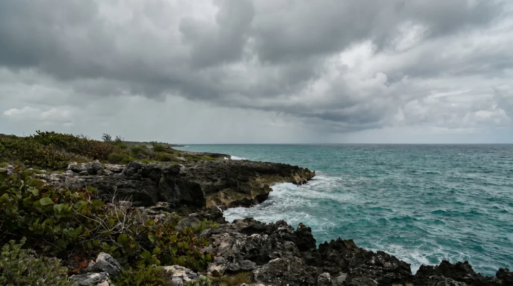Felskuste aus Ironshore am East End von Grand Cayman mit türkisblauem Meer