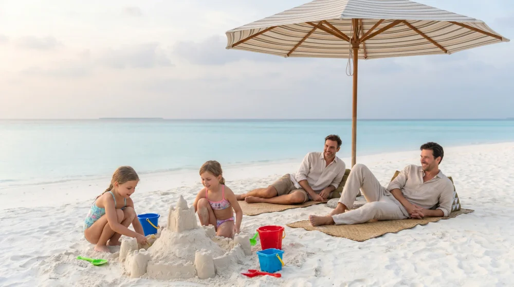 Family with young children resting under beach umbrella on white sand in Grand Cayman