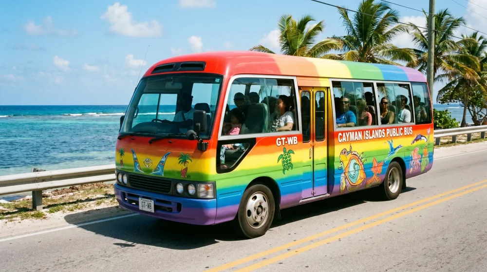 Ein bunter öffentlicher Minibus transportiert Fahrgäste entlang der Küste von Grand Cayman