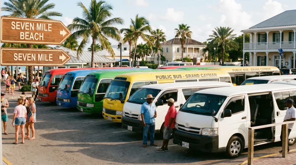 Lokale öffentliche Kleinbusse am Kreuzfahrtterminal-Transportknotenpunkt auf Grand Cayman