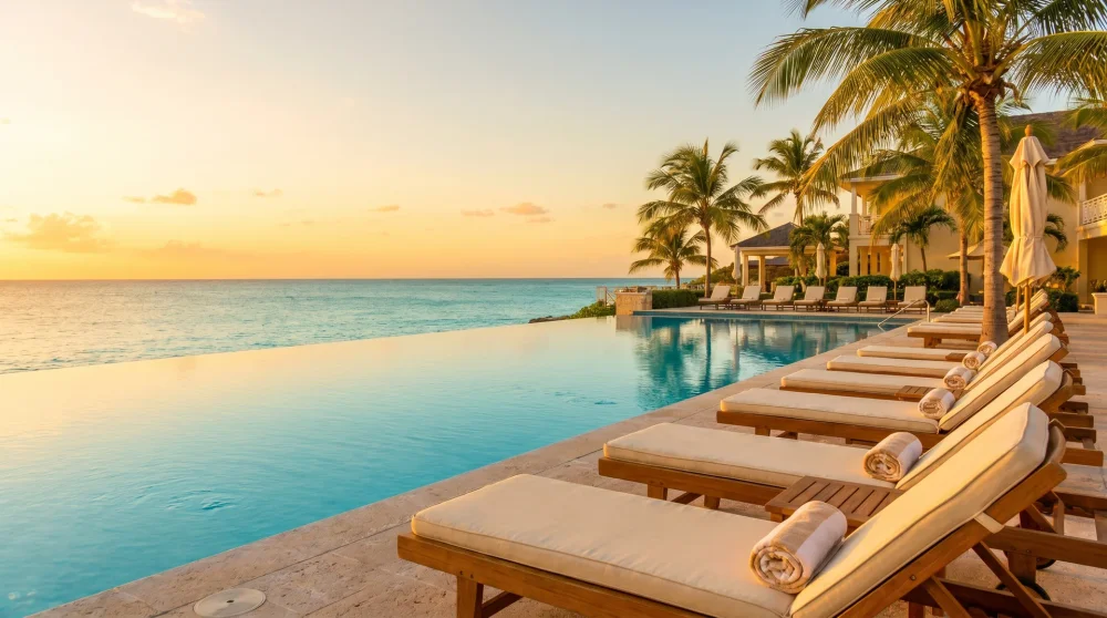 Infinity Pool eines Resorts am Seven Mile Beach bei Sonnenuntergang