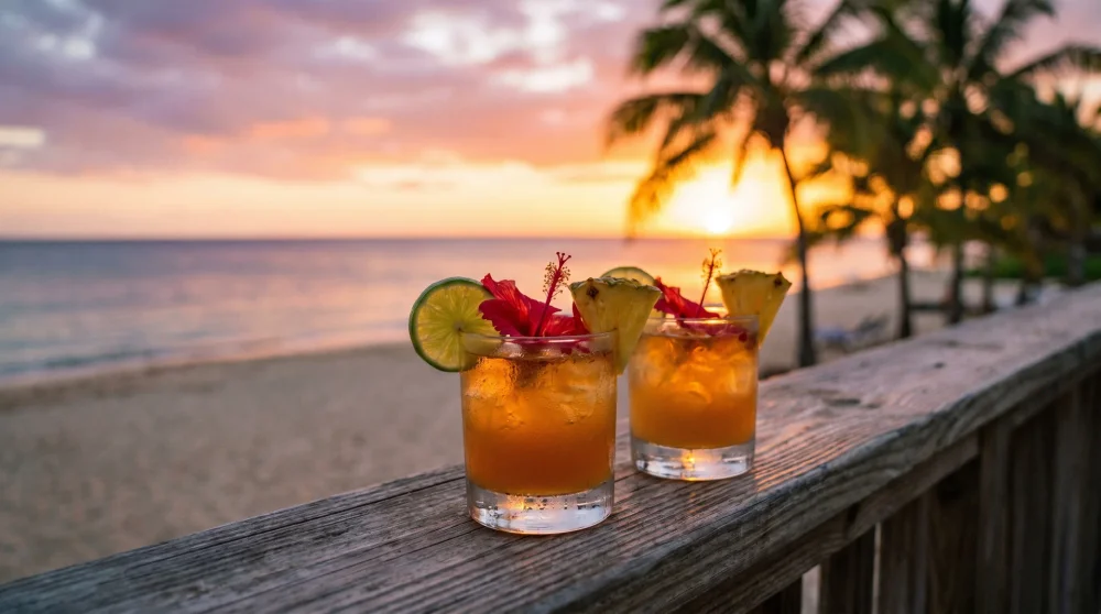 Two tropical rum cocktails with garnish on a wooden railing overlooking a glowing orange and pink Caribbean sunset