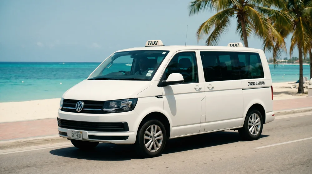 White taxi van driving on the road next to Seven Mile Beach in Grand Cayman