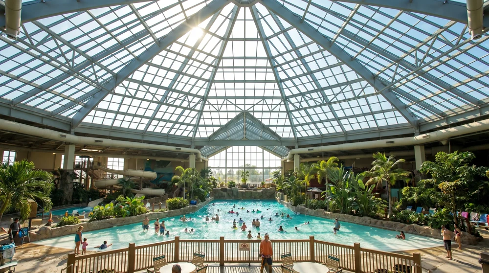 Wide angle view of the massive glass dome and interior pool area of Great Wolf Lodge in Manteca California