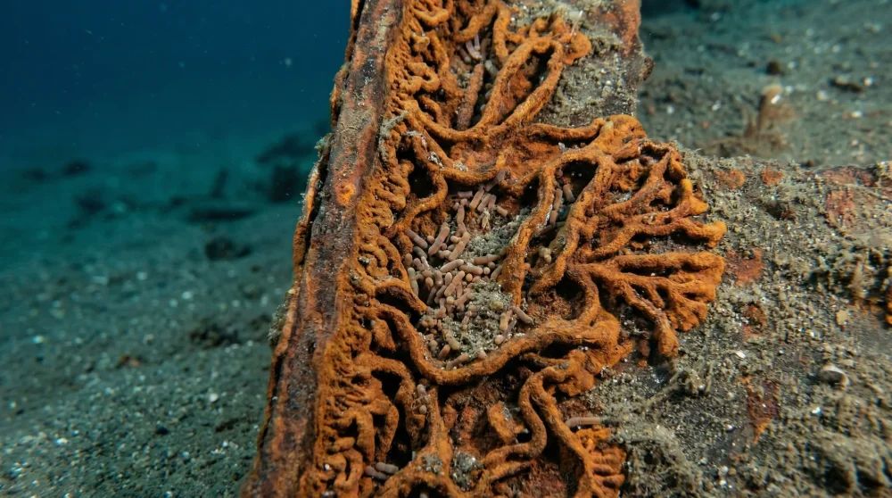 Detailed macro shot of iron-eating bacteria formations and rusticles on the Titanic hull