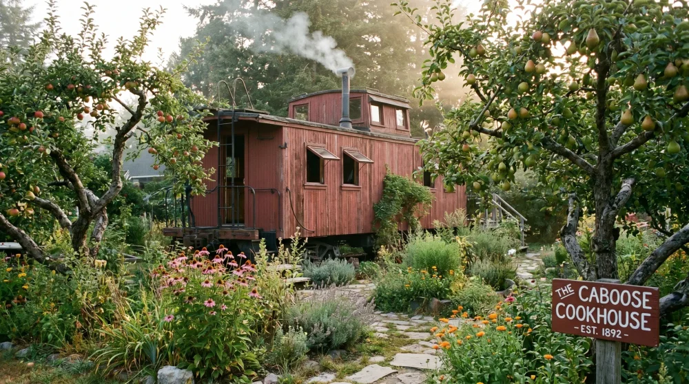 Traditionelle hölzerne Caboose-Kochstruktur umgeben von Heilkräutern und Obstbäumen im Erbe-Garten Grand Cayman