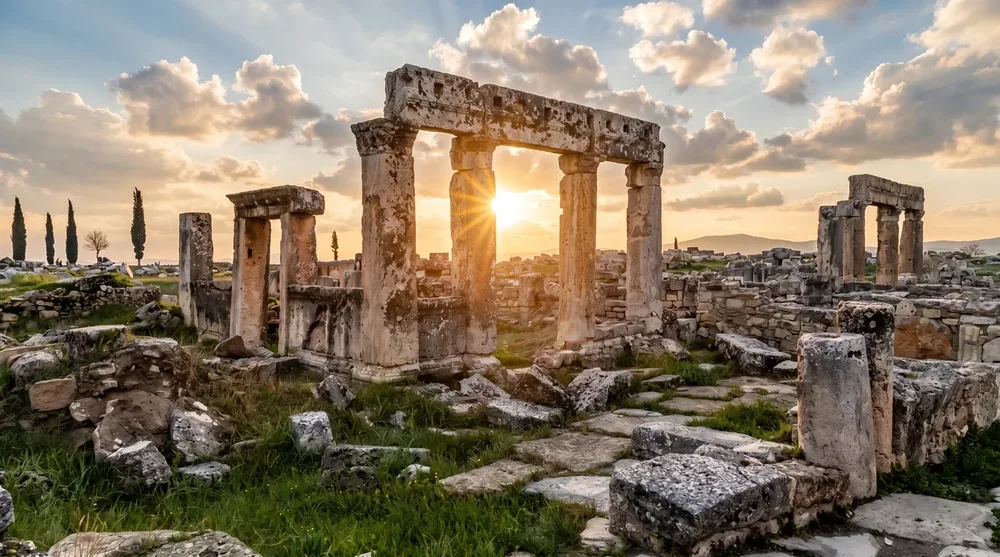 Hierapolis ancient ruins stone columns sunset dramatic sky