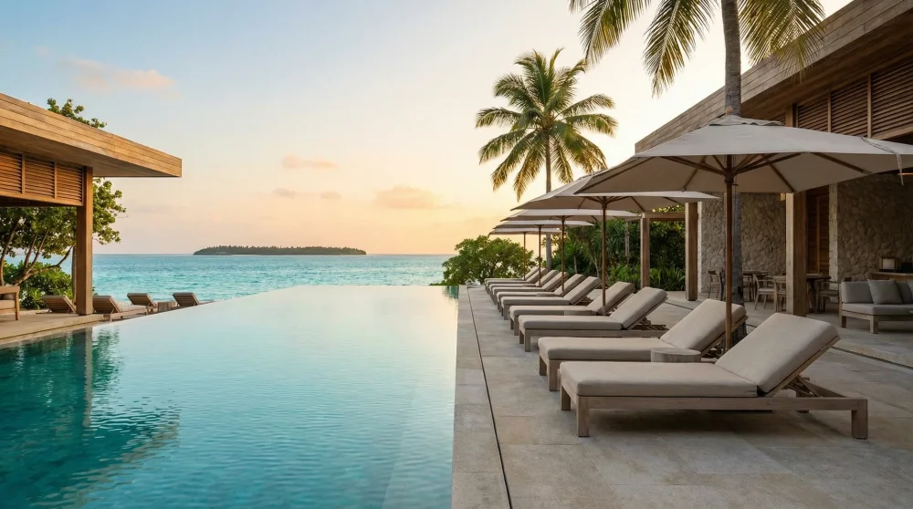 Infinity pool at Hilton Resorts World Bimini overlooking the Caribbean Sea