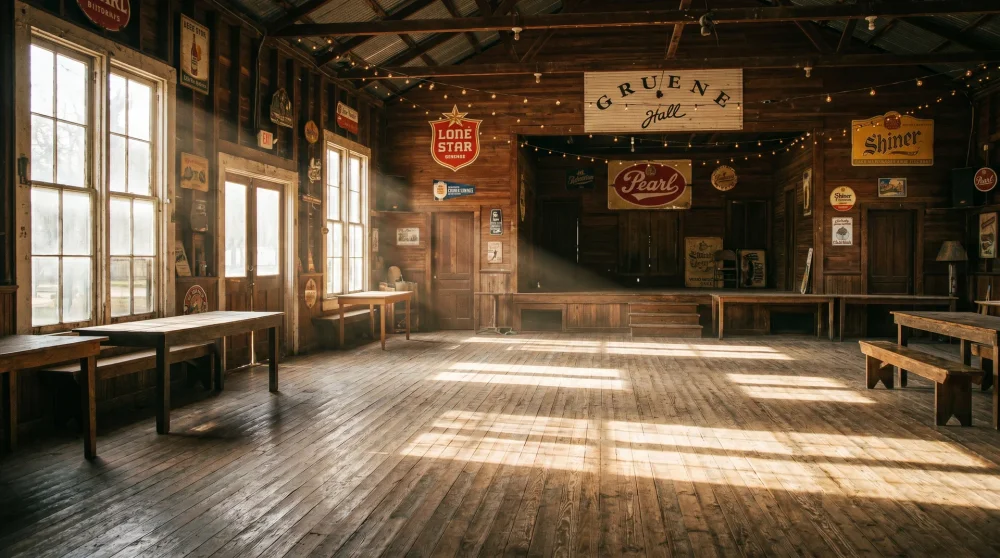 The interior of the historic Gruene Hall showing the wooden dance floor and rustic Texas decor