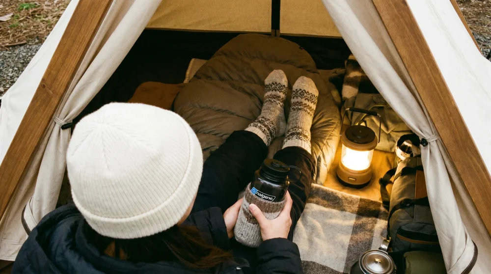 Close up of a camper holding a hot water bottle wrapped in a sock inside a sleeping bag