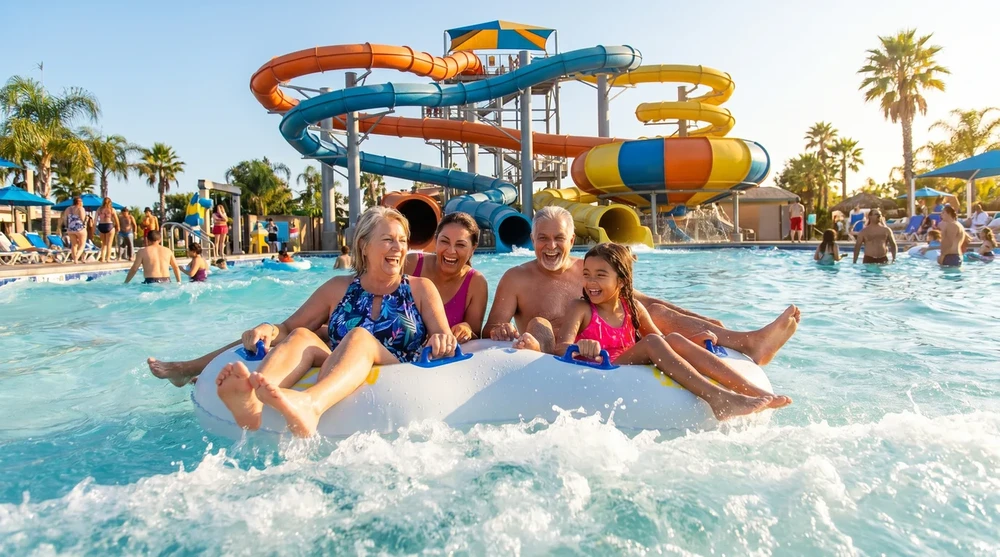 Family of four on large raft in wave pool at Hurricane Harbor water park with colorful tube slides behind them