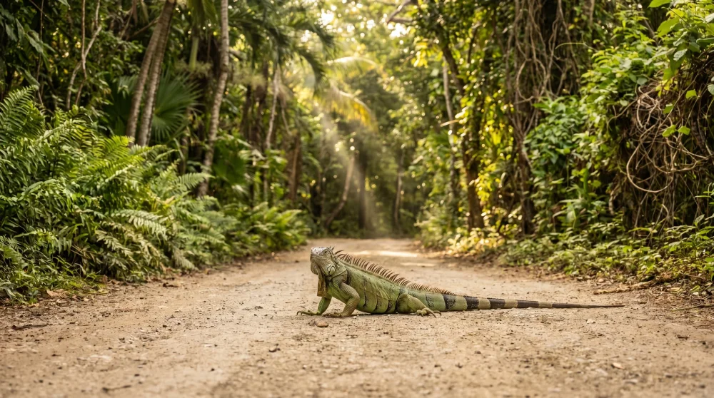 Grüner Leguan steht mitten auf einer schmalen tropischen Straße auf einer karibischen Insel