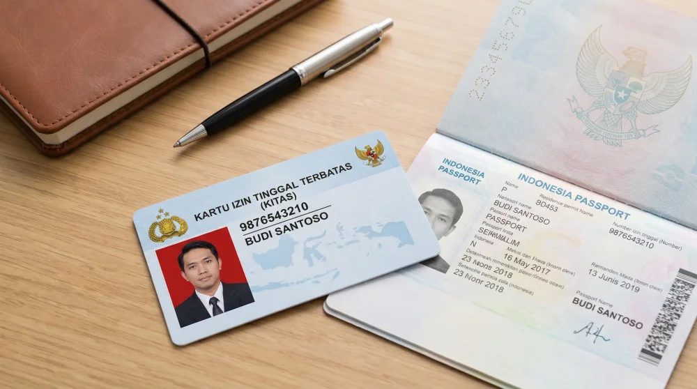 Official Indonesia Remote Worker KITAS E33G residence permit card and passport on a desk