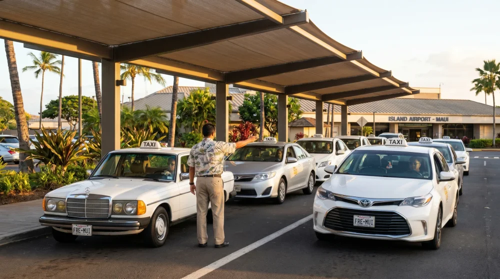 Reihe weißer Taxis am Bodenverkehrsstand eines tropischen Inselflughafens mit einem Dispatcher im Einsatz