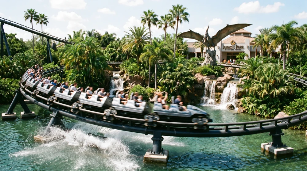 Jurassic World VelociCoaster tracks and coaster train speeding over the lagoon at Islands of Adventure