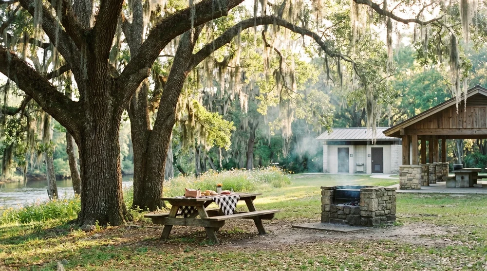 Shaded picnic table under Spanish moss oak tree at Kelly Park with stone grill and riverside pavilion
