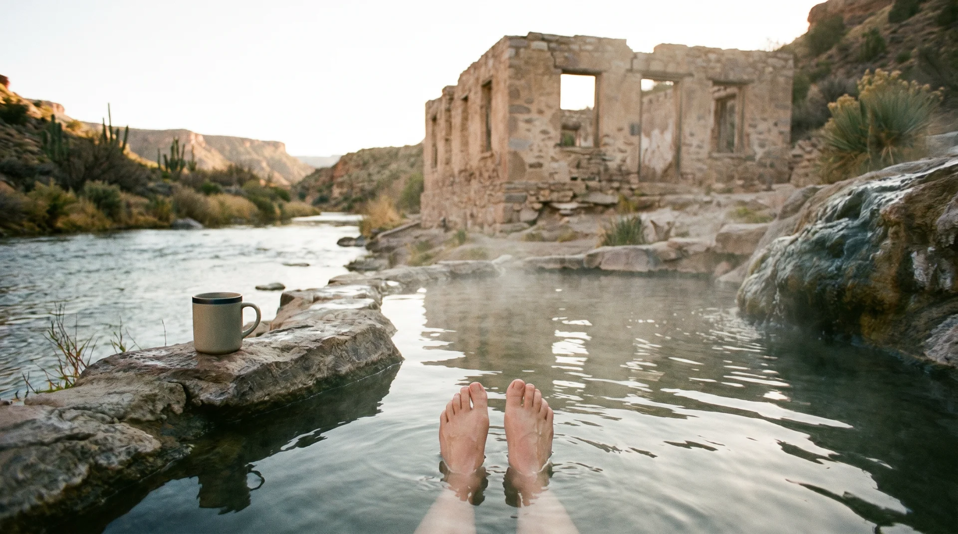 Natural hot springs pool on the edge of the Rio Grande river with historic stone ruins.