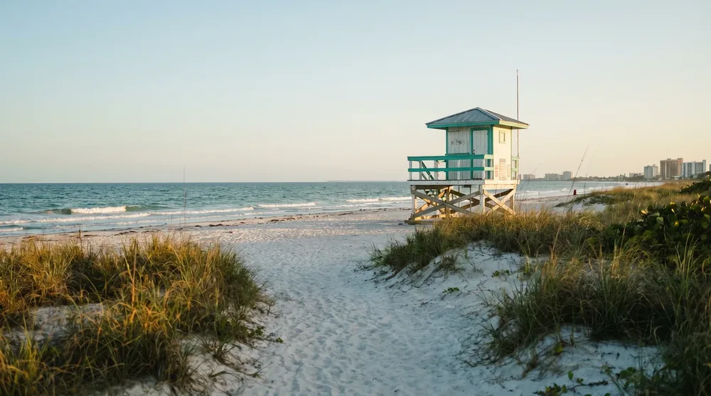 Clean sandy shoreline of Lido Beach with a professional lifeguard tower under a clear blue sky.