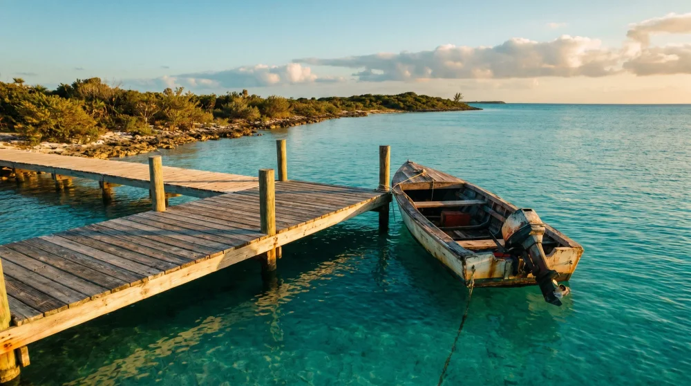 A wooden dock extending into clear turquoise water on Little Cayman at golden hour