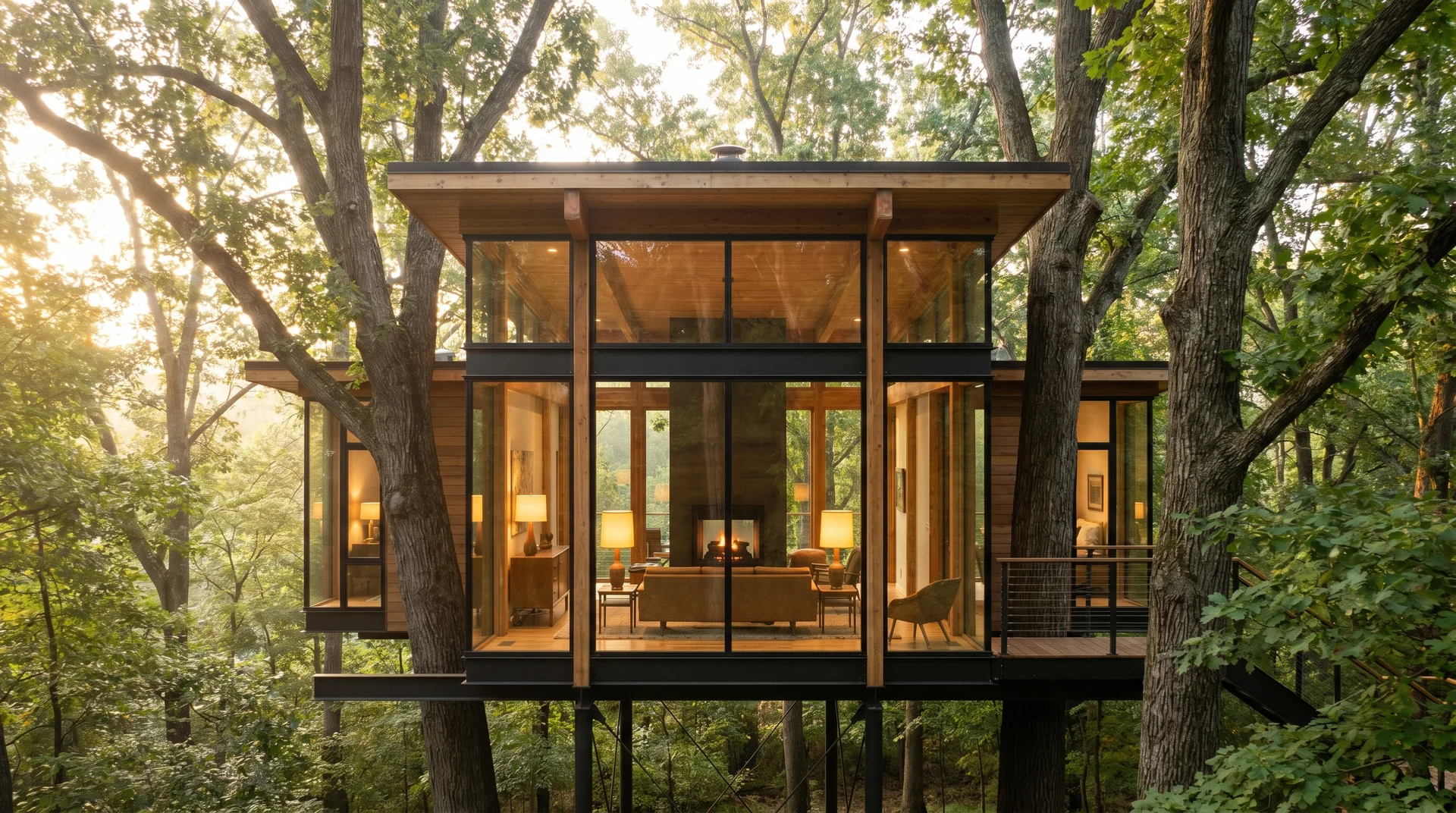 Modern luxury treehouse cabin with large glass windows surrounded by dense green forest foliage in Ohio.