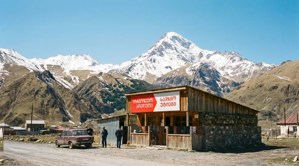Scenic view of the snow-capped Caucasus Mountains in Georgia with a mobile network tower visible in the distance
