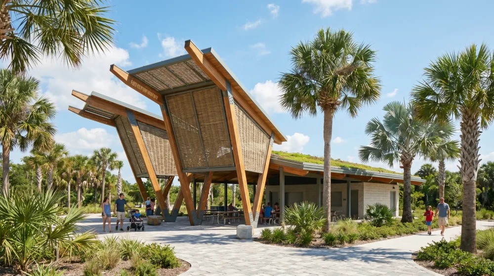 Modern shade structures and picnic facilities at Manatee Park in Fort Myers.