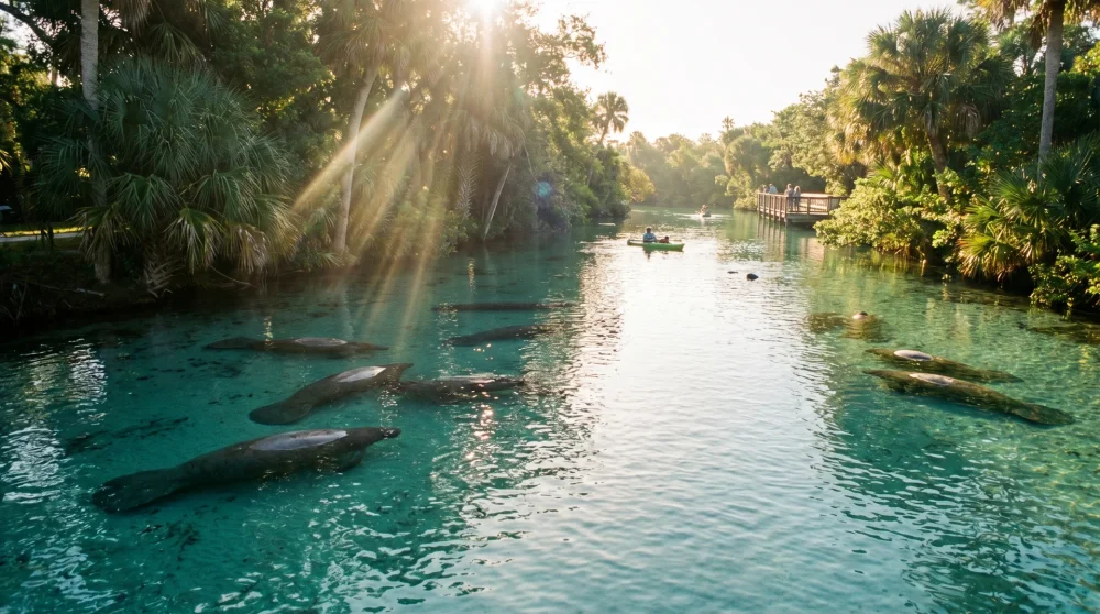 Group of Florida manatees swimming in the warm water discharge canal at Manatee Park Fort Myers during winter.