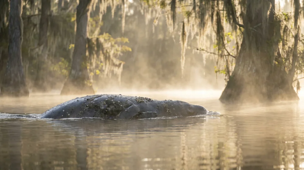 Close up view of a manatee surfacing for air in the calm waters of the Fort Myers park canal at sunrise.