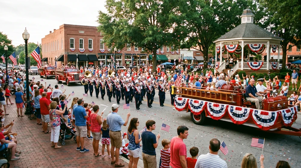 Traditional Independence Day parade moving through historic Marietta Square with spectators