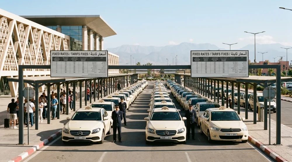 Official taxi rank at Marrakech Menara Airport with Fixed Rates signs in English, French and Arabic, rows of licensed white taxis and uniformed drivers