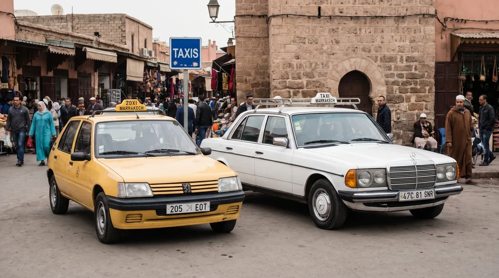 Yellow Marrakech petit taxi and white grand taxi parked at a medina taxi stand with a Taxis sign in the background