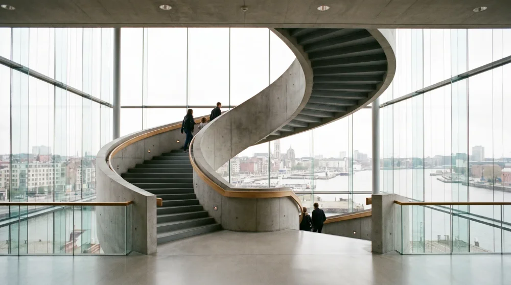 Modern architectural interior of MAS Museum in Antwerp featuring glass walls and panoramic city views