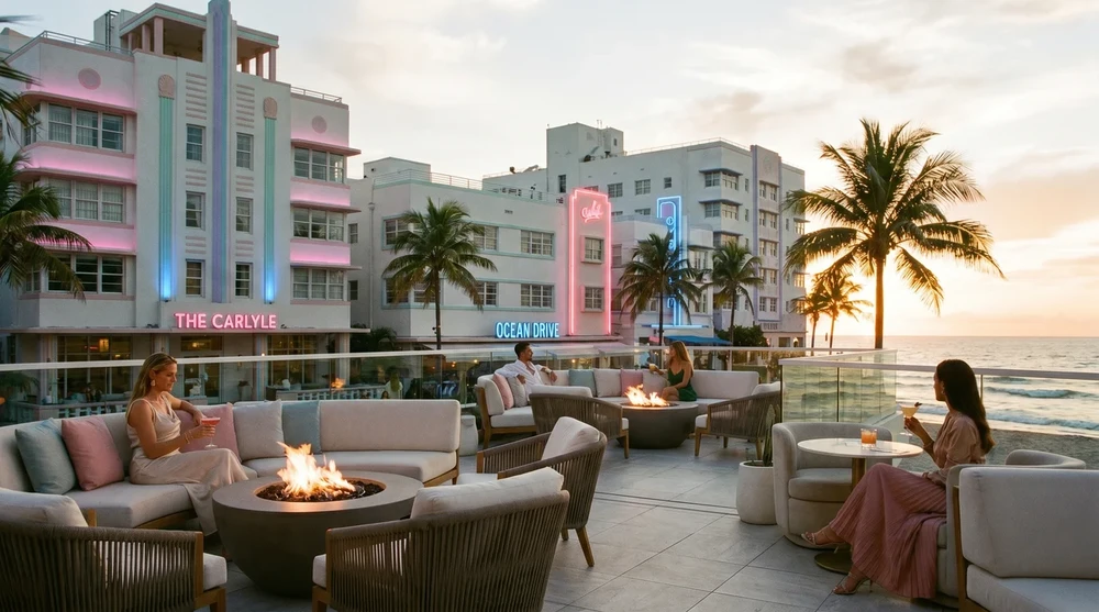 Rooftop bar at sunset overlooking Miami Beach Ocean Drive Art Deco buildings with neon signs and palm trees