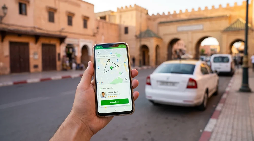 Traveler holding a smartphone with a ride-hailing app active near a Moroccan medina archway at golden hour