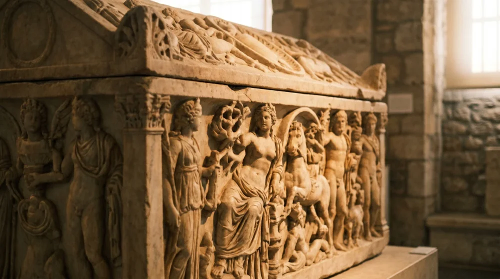 Detailed shot of ancient sarcophagus carvings focusing on textures and shadows in a museum.
