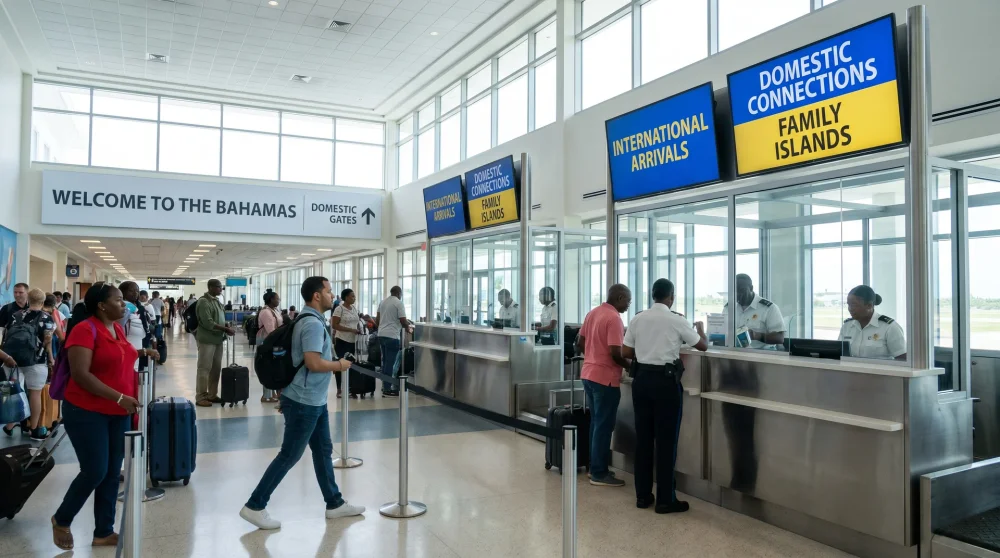 Interior of the customs and immigration area at Nassau airport terminal