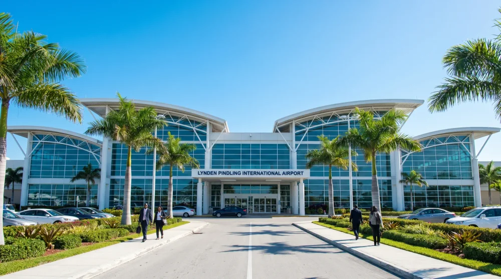 Exterior view of the modern Lynden Pindling International Airport terminal in Nassau Bahamas