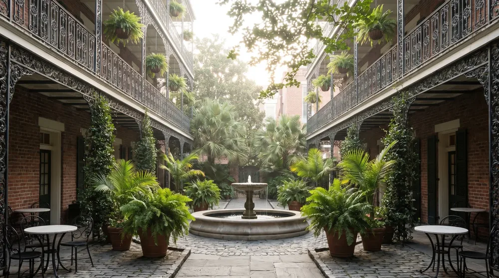 Historic New Orleans hotel courtyard with wrought iron balconies lush tropical plants and a central fountain in the French Quarter