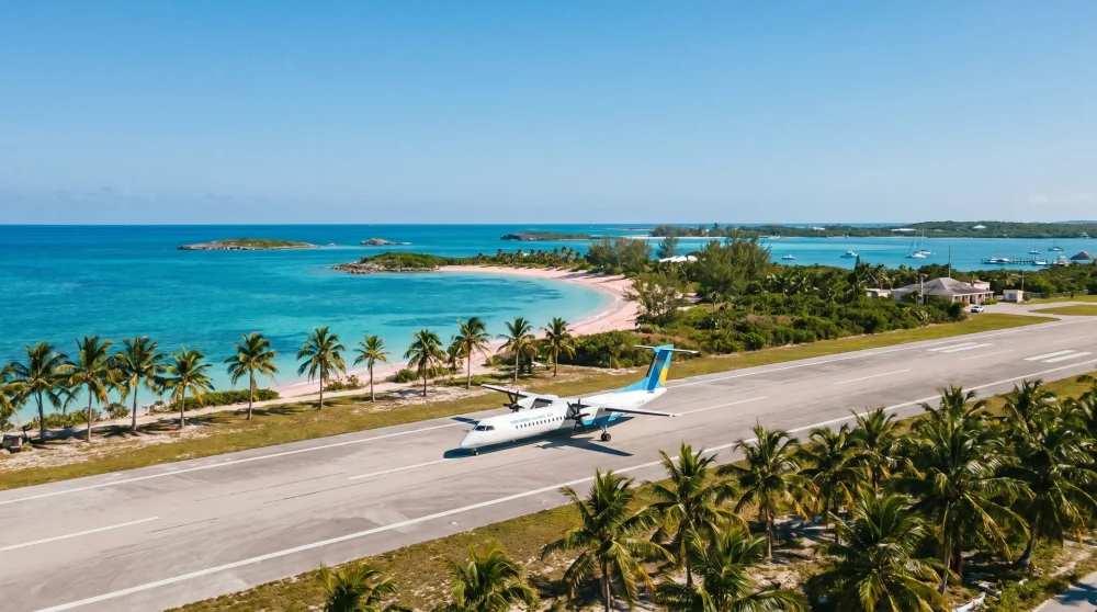 Regional airline aircraft on the runway at North Eleuthera airport in The Bahamas