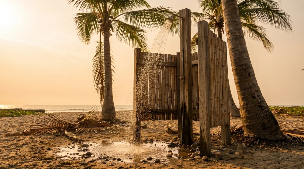 Outdoor freshwater beach shower standing between palm trees on a Caribbean beach