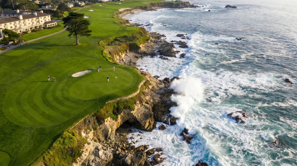 Aerial view of the 18th hole at Pebble Beach Golf Links where the green meets the ocean waves.