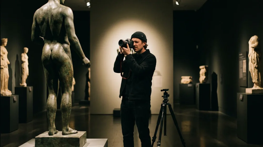 Photographer in dark clothes capturing artifacts in a dimly lit museum gallery using manual settings.
