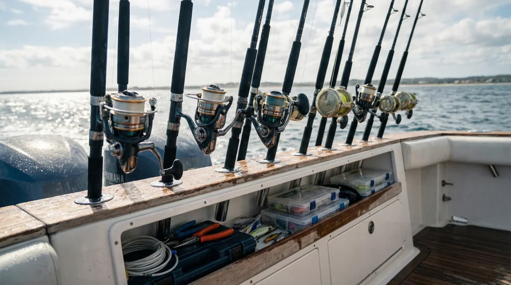 Professional fishing rods and reels setup on a charter boat in San Francisco